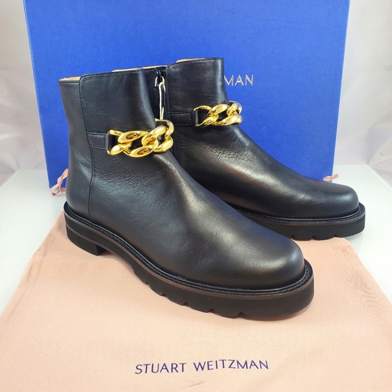 Nwt$650 Stuart Weitzman Womens Chain Lift Bootie Black Ankle Boot Sz Eu 41, 10.5